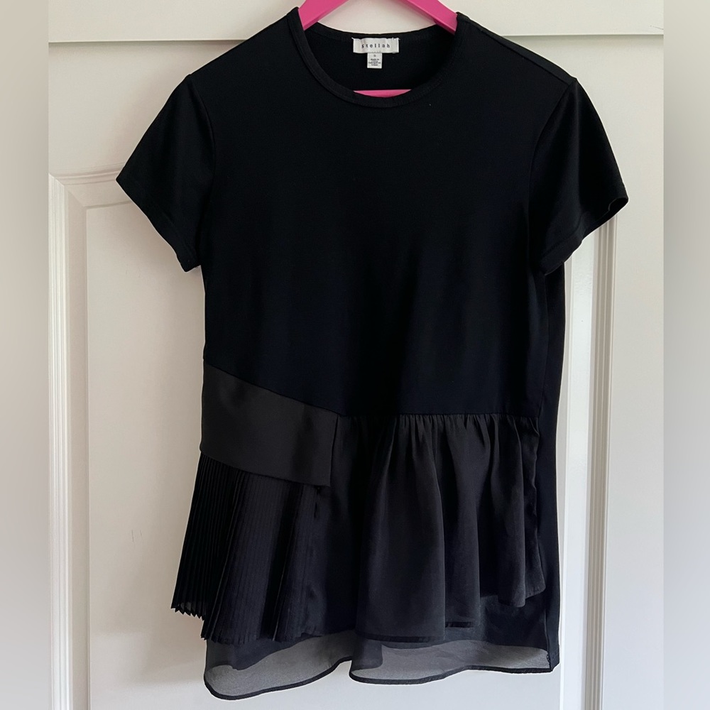 Stellah Peplum Ruffled Black T Shirt Chiffon Pleated Small Women’s